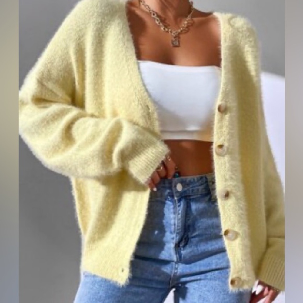 Butter Yellow V-Neck Button-Up Women Sweater